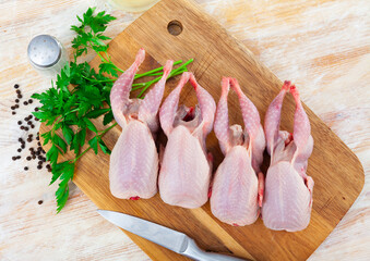 Natural raw gutted partridges on wooden surface of kitchen table with seasonings and greens....