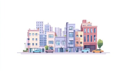 City Street Scene, Urban Buildings, Cars Parked, Calm Day; Stock Photo