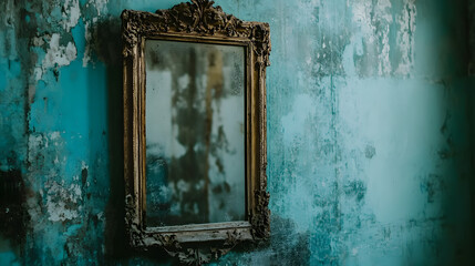 vintage ornate mirror reflecting textured wall with peeling paint, evoking sense of nostalgia and history. blue tones add depth to scene