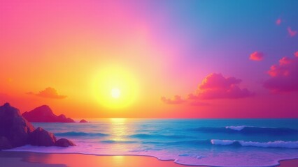 A vibrant sunset backdrop banner with colorful sky and ocean waves.