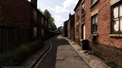 Narrow street lined with brick houses under a cloudy sky, showcasing urban decay and tranquility