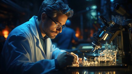 A researcher looking through a microscope in a laboratory