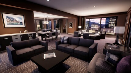 Modern luxury apartment interior showcasing spacious living area with city skyline view