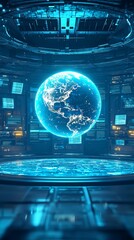 Obraz premium Advanced educational setting with a glowing 3D globe in the center, interactive floor panels, virtual textbooks floating in mid-air, ultramodern design