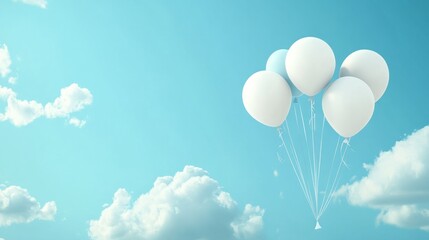 Obraz premium Sky blue background with fluffy white clouds and helium balloons, generative ai