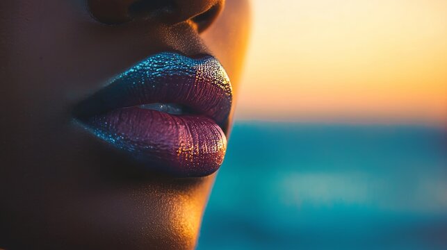 African lips in deep maroon tone, radiant blue lipstick, reflecting soft golden hour lighting, blurred ocean waves in the background, cinematic photography style