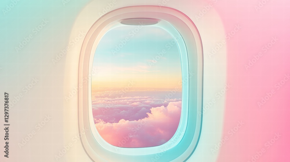 Fototapete clouds shimmer beneath a soft pastel sky seen from an airplane window at dawn. generative ai