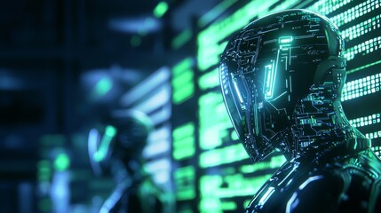 Fototapeta premium AI-powered trading bots analyzing stock charts, digital art style, glowing blue and green tones, high contrast, double exposure with transparent data screens