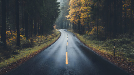 Fototapeta premium winding road through misty forest with autumn foliage, creating serene and tranquil atmosphere. wet pavement reflects surrounding trees and colorful leaves