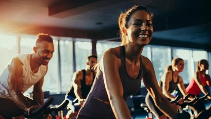 Group fitness class in a gym, captured in a dynamic, low-angle shot. The video showcases energetic cycling with sunlight streaming in. - Powered by Adobe
