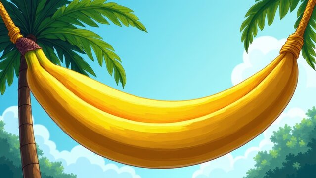 A hammock made of bananas is suspended between two palm trees under a clear blue sky.