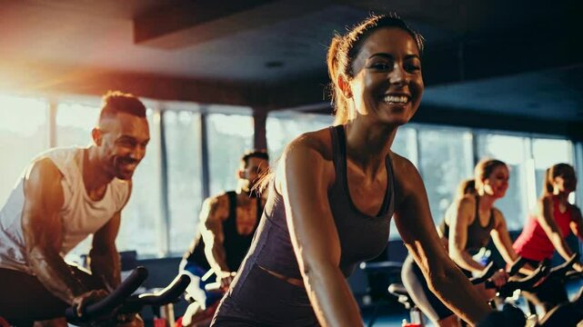 Group fitness class in a gym, captured in a dynamic, low-angle shot. The video showcases energetic cycling with sunlight streaming in.