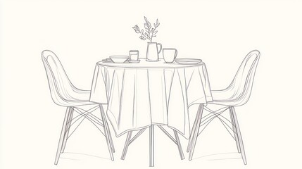 Dining Table Line Drawing, Simple Interior Scene, Suitable for Print, Web, Background