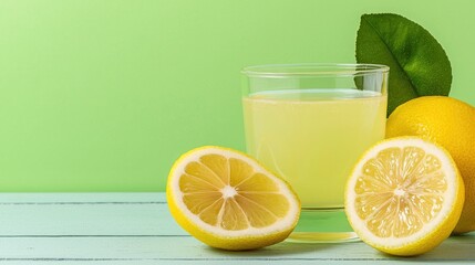 Fresh lemon juice in glass, halved lemons, green background