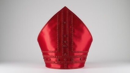 A red bishop mitre hat with intricate embroidery and detailing, used in religious ceremonies.