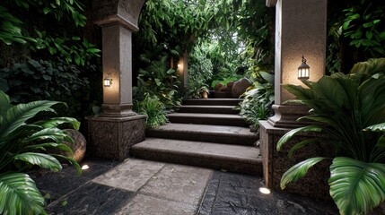 Serene garden pathway illuminated by lanterns, surrounded by lush greenery and stones