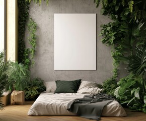 Modern bedroom mockup with greenery, blank poster