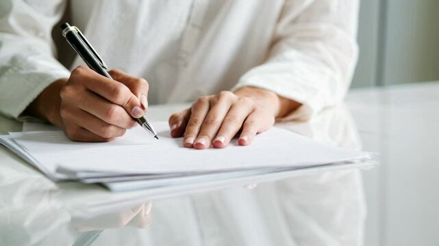 Close-up video shot of hands writing on paper, showcasing a calm, focused atmosphere with a reflective surface and natural lighting.