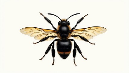 Obraz premium A black bee with white wings is shown in detail, highlighting its intricate wing patterns and body structure.