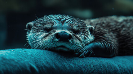 A mesmerizing ultra-HD portrait of a gentle otter lying comfortably on a soft cushion, eyes half-closed in a state of deep relaxation