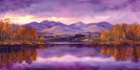 Obraz premium Stunning Autumn Sunset Landscape Vector Art with Purple Mountains and Golden Trees Reflecting on a Serene Lake: Perfect for Nature and Seasonal Design Inspiration