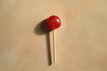 A Single Red Lollipop Resting On A Beige Surface