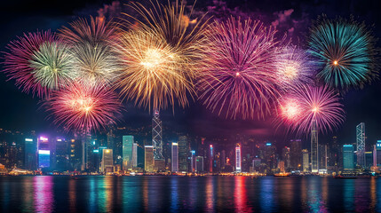 Colorful fireworks illuminate city skyline at night, creating vibrant display over water. scene captures excitement and beauty of festive celebration
