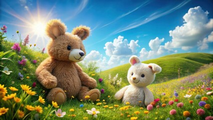 Fototapeta premium Adorable bear and rabbit friends play together on a lush green hill surrounded by wildflowers