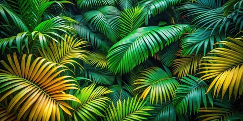 Colorful tropical palm leaves scattered on the floor of a lush jungle area, plant life, outdoor,  plant life, outdoor, flora