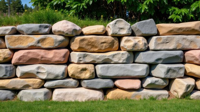 A boulder retaining wall made of variously colored and shaped stones, with greenery on top and grass at the bottom.