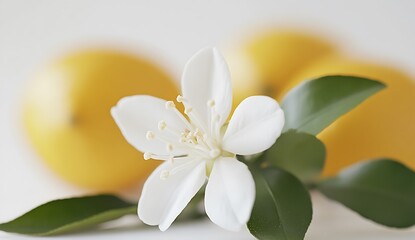 Fototapeta premium A close-up of a delicate orange blossom with white petals against green leaves, a softly blurred lemon in the background, evoking the beauty and fleeting nature of life.