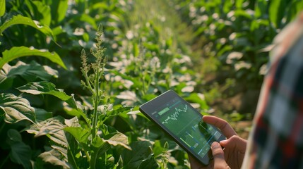 Farmer analyzing data with tablet in tobacco plantation