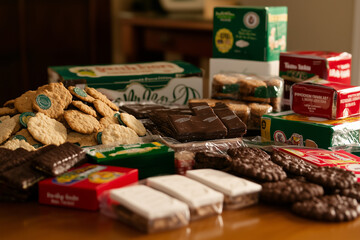 Nostalgic Display of Girl Scout Cookies with Vintage Sash