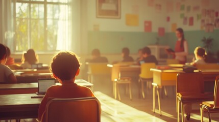 Warm Classroom Environment with Students and Teacher in a Sunlit School Setting