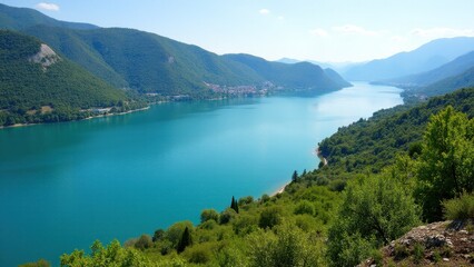 A stunning view of Castiglione del Lago with its serene turquoise lake surrounded by lush green hills and distant mountains