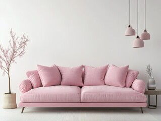 Pink Sofa in a Minimalist Living Room with White Background
