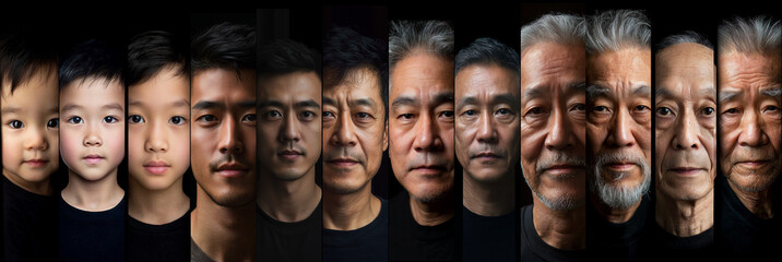 This collage traces the transformation of a man, visually depicting his graceful progression from innocence of youth to the wisdom of old age, with each stage capturing the subtle beauty of aging
