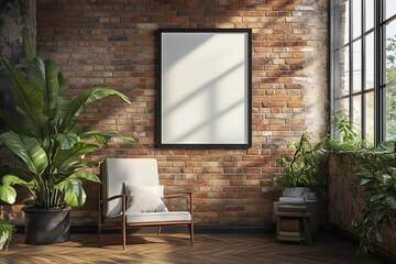 Modern interior design with blank frame mockup, armchair and plants