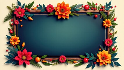 Fototapeta premium A cert frame with a wooden border adorned with vibrant flowers and green leaves, creating a colorful and elegant design.