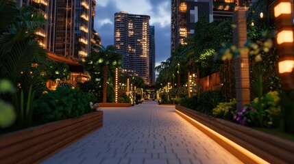 Serene evening stroll through a beautifully lit urban pathway surrounded by lush greenery