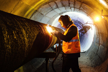 Worker in protective mask welding pipe in tunnel