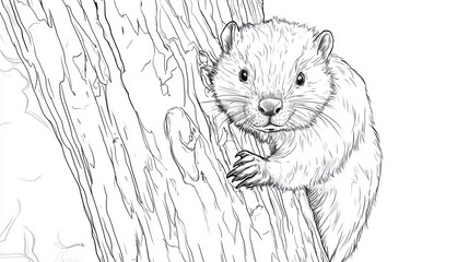 Drawing of a Groundhog on a Tree Trunk