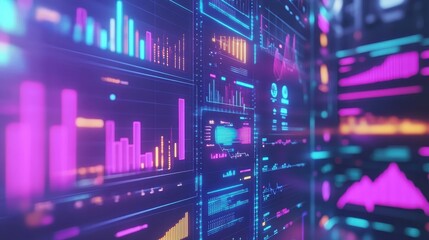 Fototapeta premium Marketing analysis with digital charts and graphs flat design front view technology theme animation vivid.