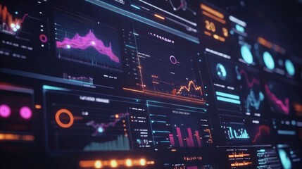 Fototapeta premium Marketing analysis with digital charts and graphs flat design front view technology theme animation vivid.