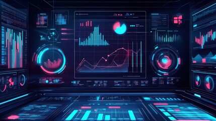 Obraz premium Marketing analysis with digital charts and graphs flat design front view technology theme animation vivid.