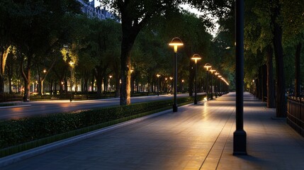Serene evening scene of a well-lit urban park pathway lined with trees and lamps