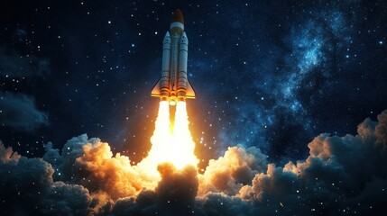 A high-tech rocket soaring into a deep blue sky, leaving a dramatic smoke trail, representing ambition and drive.
