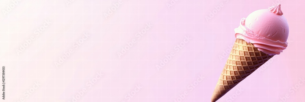 Poster sweet pink ice cream cone atop a waffle cone with a smooth texture against a soft pastel background.