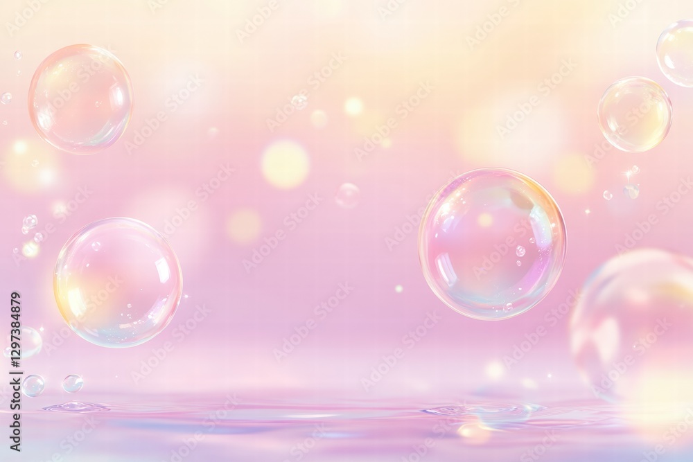 Aufkleber Bubbles floating gently above a serene water surface with a pastel colored background during a soft sunset. Generative AI