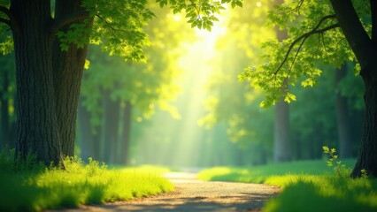 Obraz premium A serene forest path with dappled light filtering through the lush green canopy, creating a peaceful and inviting atmosphere.